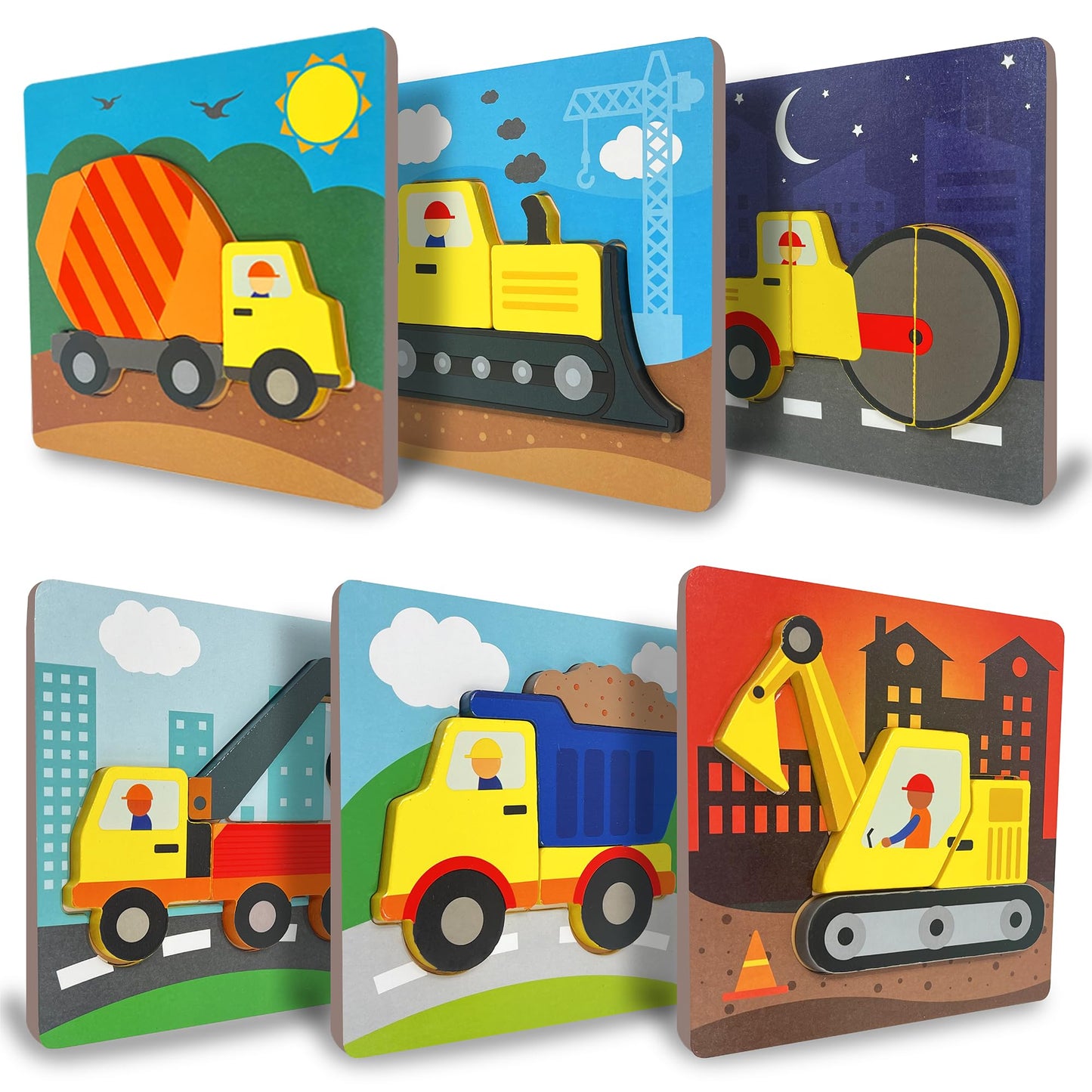 Klevly 6 Pk Construction Wooden Toddler Puzzles Ages 2-4 | Wooden Puzzles For Toddlers 1-3 | Montessori Toys For 2 Year Old | Le