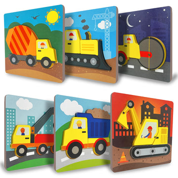 Klevly 6 Pk Construction Wooden Toddler Puzzles Ages 2-4 | Wooden Puzzles For Toddlers 1-3 | Montessori Toys For 2 Year Old | Le