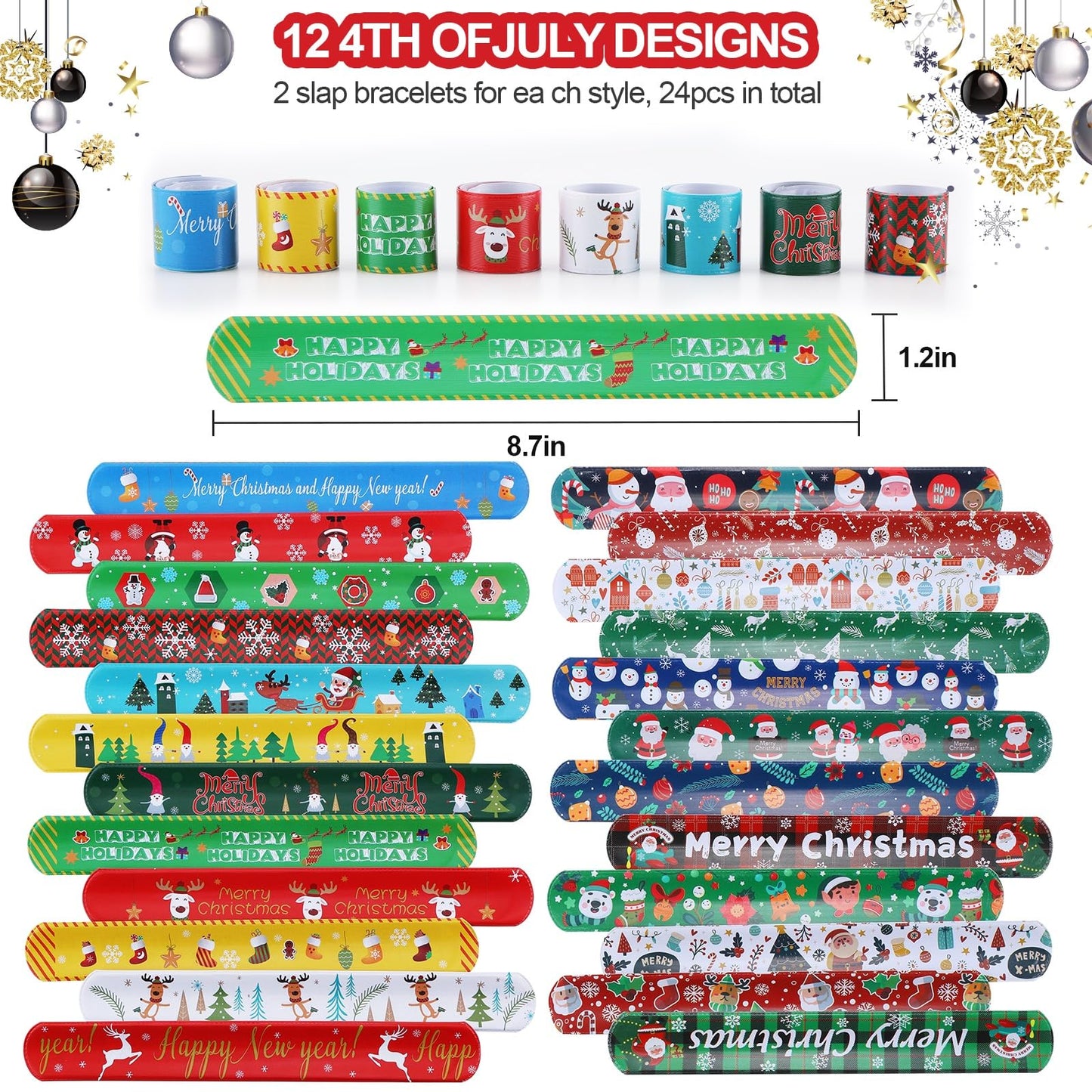 Fnayol 48Pcs Christmas Party Favors Slap Bracelets Rubber Wristbands for Kids Girls Boys