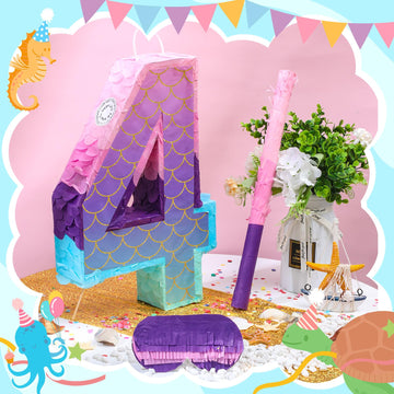 Shappy 16 Inch Mermaid Piñata Purple Number Birthday Piñata Birthday Party With Stick Blindfold Confetti For Birthday Anniversary Celebration Decoration Supplies(Number 4)