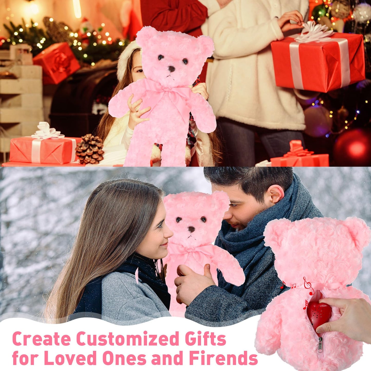 Hungdao Bear Stuffed Animals With Voice Recorder Set, 60 Seconds Voice Sound Recorder Module 16 Inch Soft Plush Bear Cute Stuffed Bear With Zipper Sound Box Recordable Heart For Boys Girls (Pink)