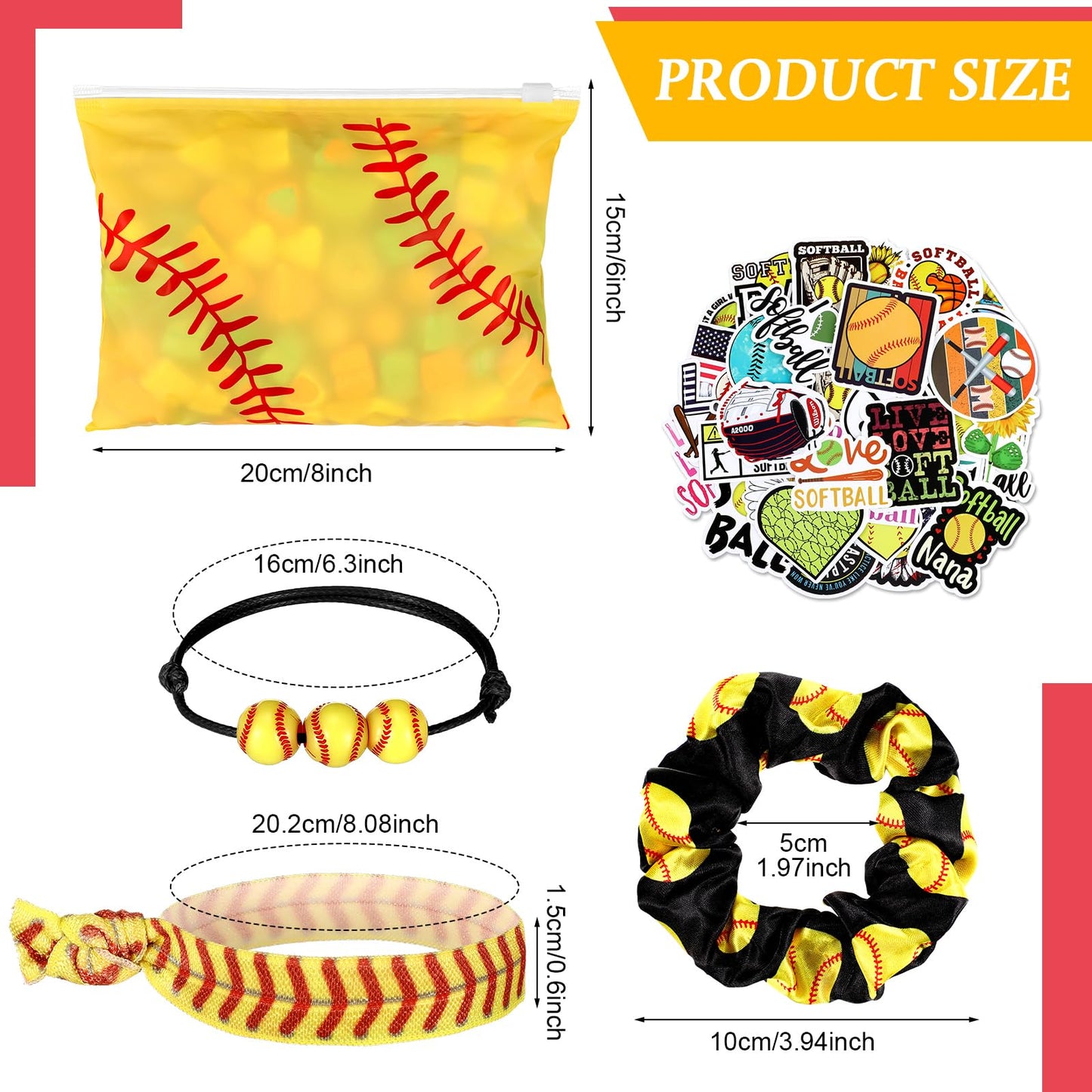 Yeyeplum 98 Pcs Softball Party Favors Include Softball Goodie Makeup Bags Bracelet Hair Bands Hair Ties Sticker for Sports Team