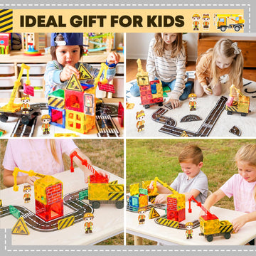 Kids Games Magnetic Tiles With 2 Cranes Construction Toys Set Sensory Toys For Boys Girls Ages 3-6 5-7 8-13, Gifts For 3+ Year Old Boys Girls Toddler Outdoor Kids Toys With Car