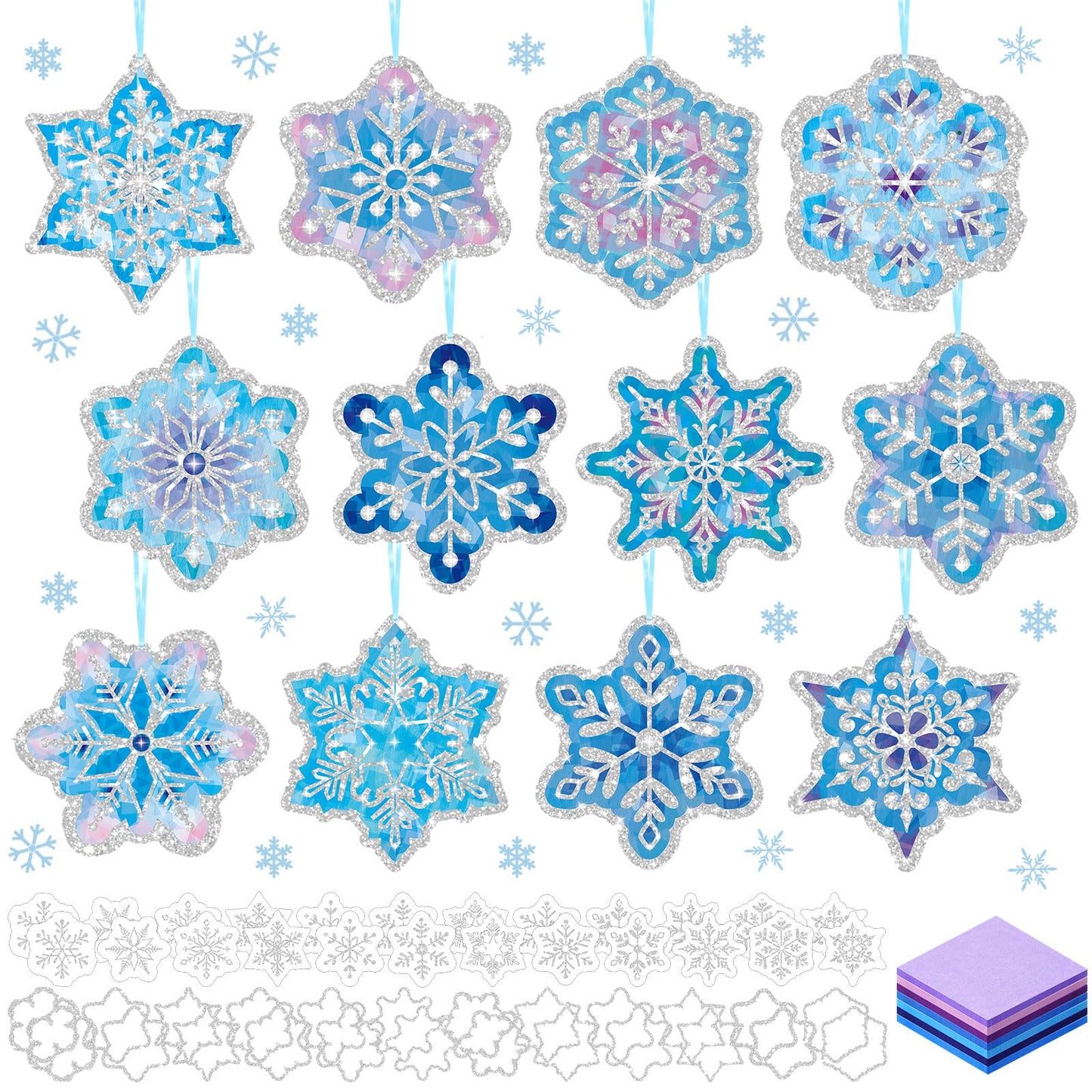 DoubleFill 60 Sets Snowflakes Suncatchers Craft Kit Snow Tissue Paper Sign Craft Winter Christmas Crafts Make Your Own Xmas Tree