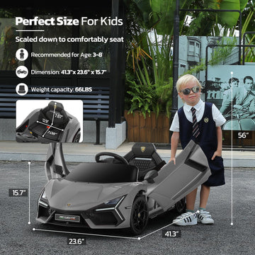 Elemara Lamborghini Car For Kids To Drive With Scissor Doors,Kids Car With Parent Remote,12V Electric Cars For Toddlers With Bluetooth,Led Light,Mp3 Player And Wide Seat(Silver Gary)