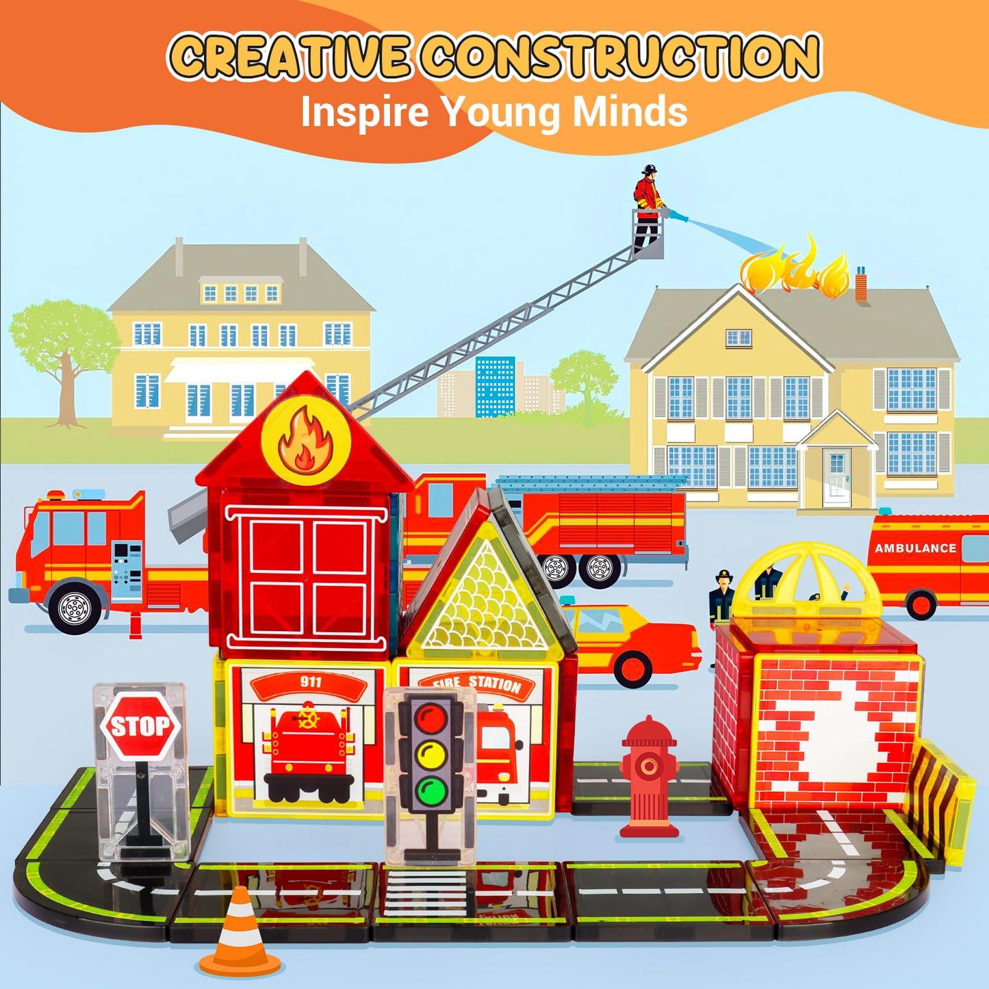 Magnetic Tiles Road Set with Fire Trucks & 2 Dolls  Double-Sided Magnet Tiles with 2 Cranes  Toys for Boys Ages 3-5 5-7  STEM Learning Construction Toys Include Car  Stations  Signs  Gifts for Kids 3+