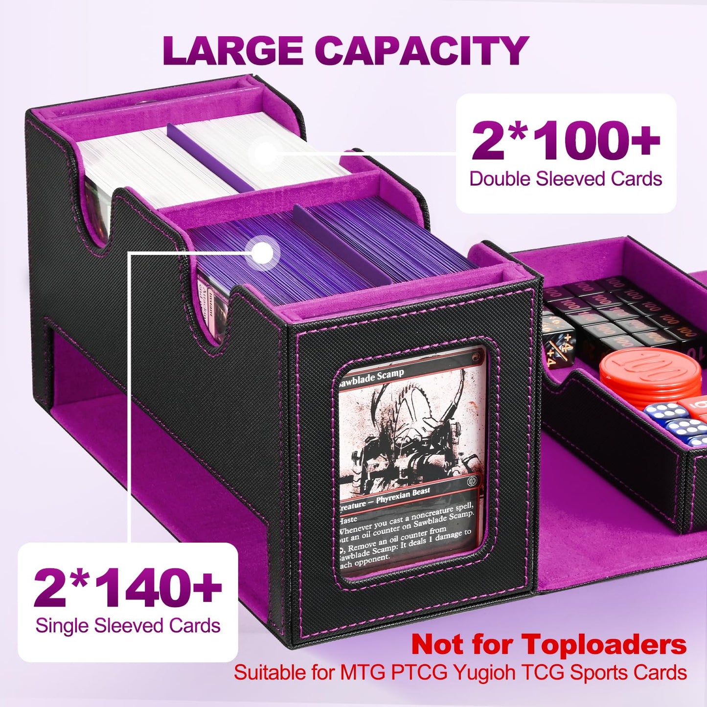 Uaono Card Deck Box For Mtg, Double Card Storage Box With 2 Commander Display & 1 Dice Tray, Fits 200+ Double Sleeved Cards, Card Organizer For Ccg Tcg Sports Cards (Black Purple)