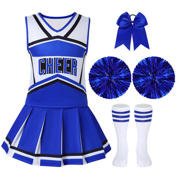Woohand Cheerleader Costume For Girls 5-6 Cheerleading Outfit With Pom Poms Socks Bowtie Halloween Party Dress Up