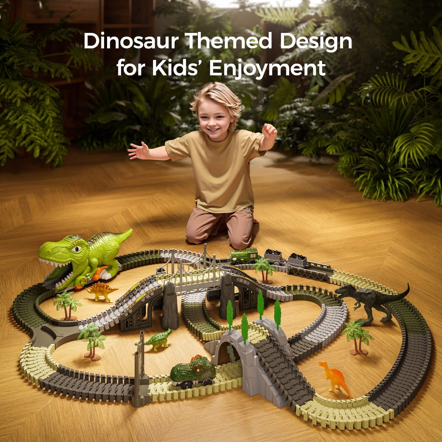 TUMAMA Dinosaur Toys Race Track Set - 281 Pcs with 4 Dinosaurs, 2 Electric Cars, Flexible Tracks - One Size, Blue/Red