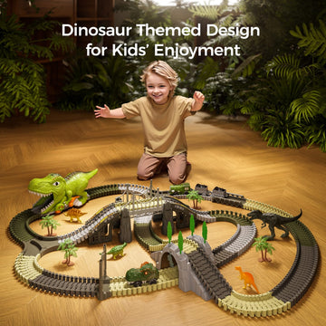 TUMAMA Dinosaur Toys Race Track Set - 281 Pcs with 4 Dinosaurs, 2 Electric Cars, Flexible Tracks - One Size, Blue/Red