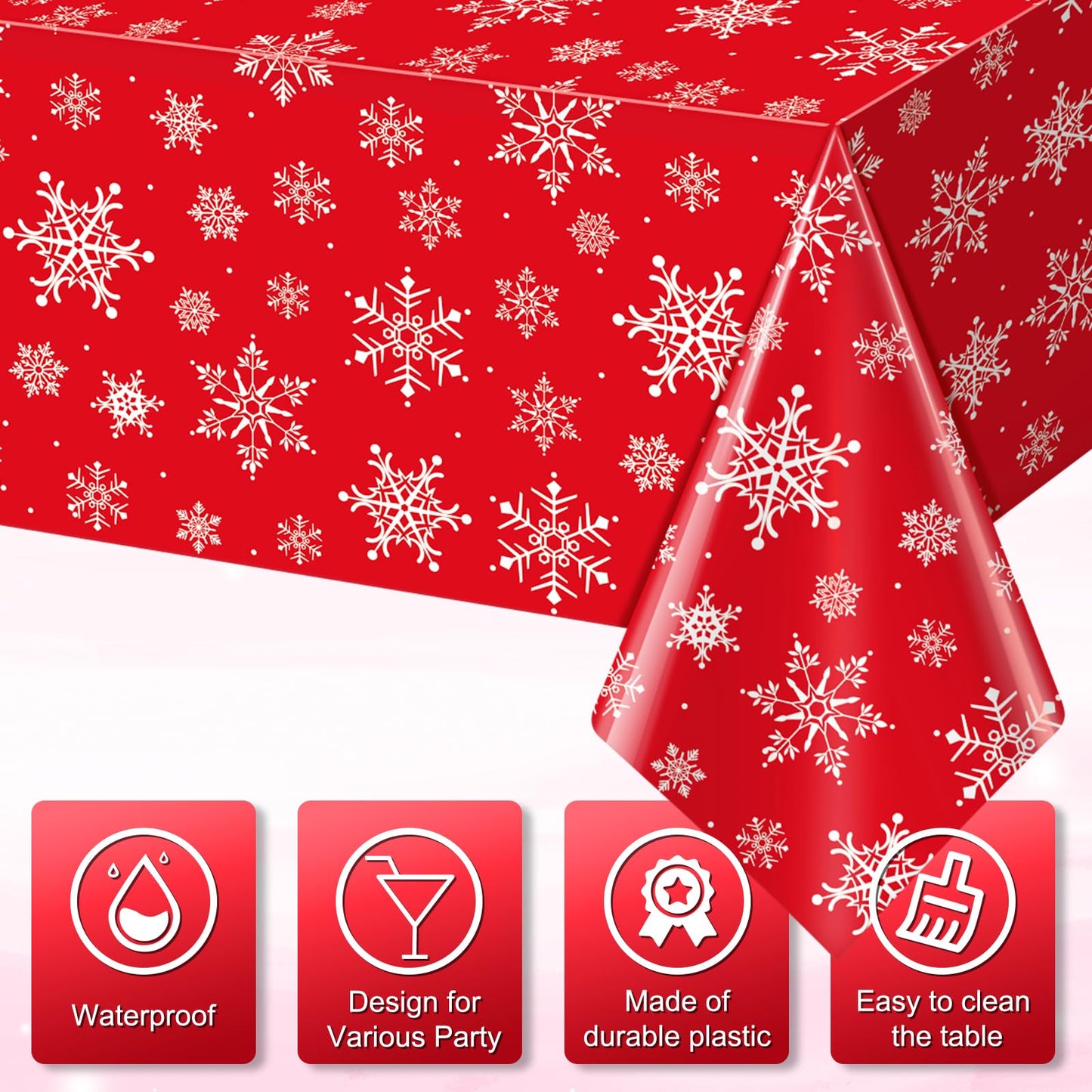 Jectivs 6 Pieces Christmas Snowflake Plastic Party Tablecloth Decorations,White Snowflake Red Xmas Backdrop Sign Table Cover Ban