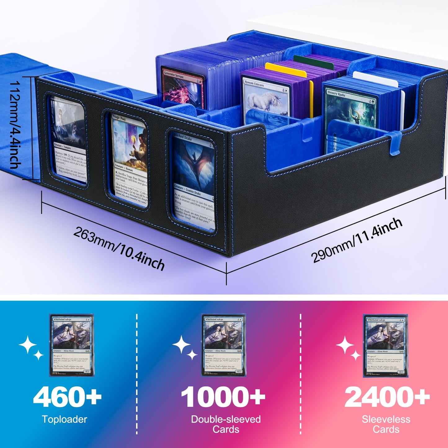 Uaono Card Storage Box For Trading Cards, 1800+ Commander Deck Box For Mtg With Display Window, Toploader Card Case Fits Tcg Ptcg Sports Cards; 10 Removable Divider Tabs, 3 Stoppers (Black, Blue)