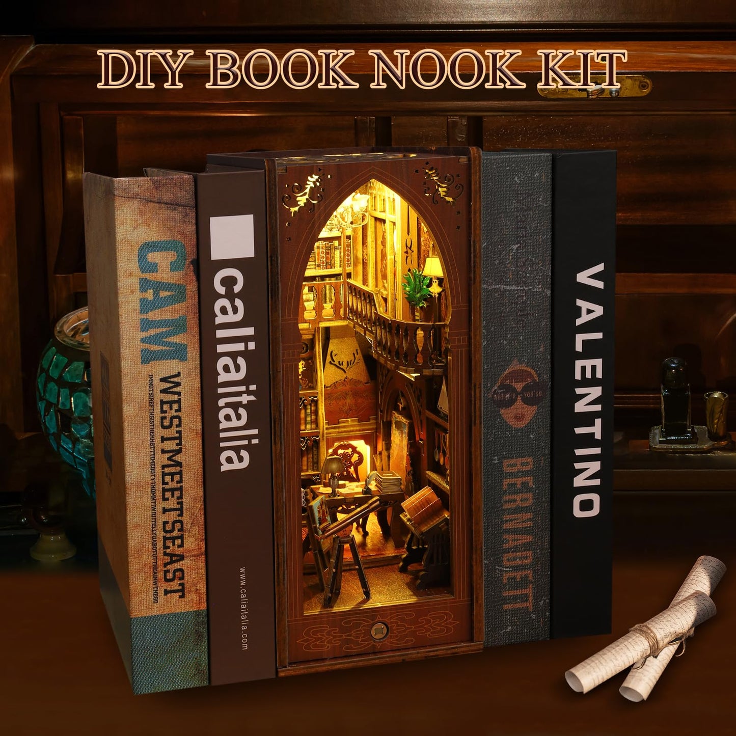 CRIOLPO DIY Book Nook Kit - 3D Wooden Puzzle Miniature for Bookshelf - Model SL-06 with LED Light - Perfect for Adults & Teens