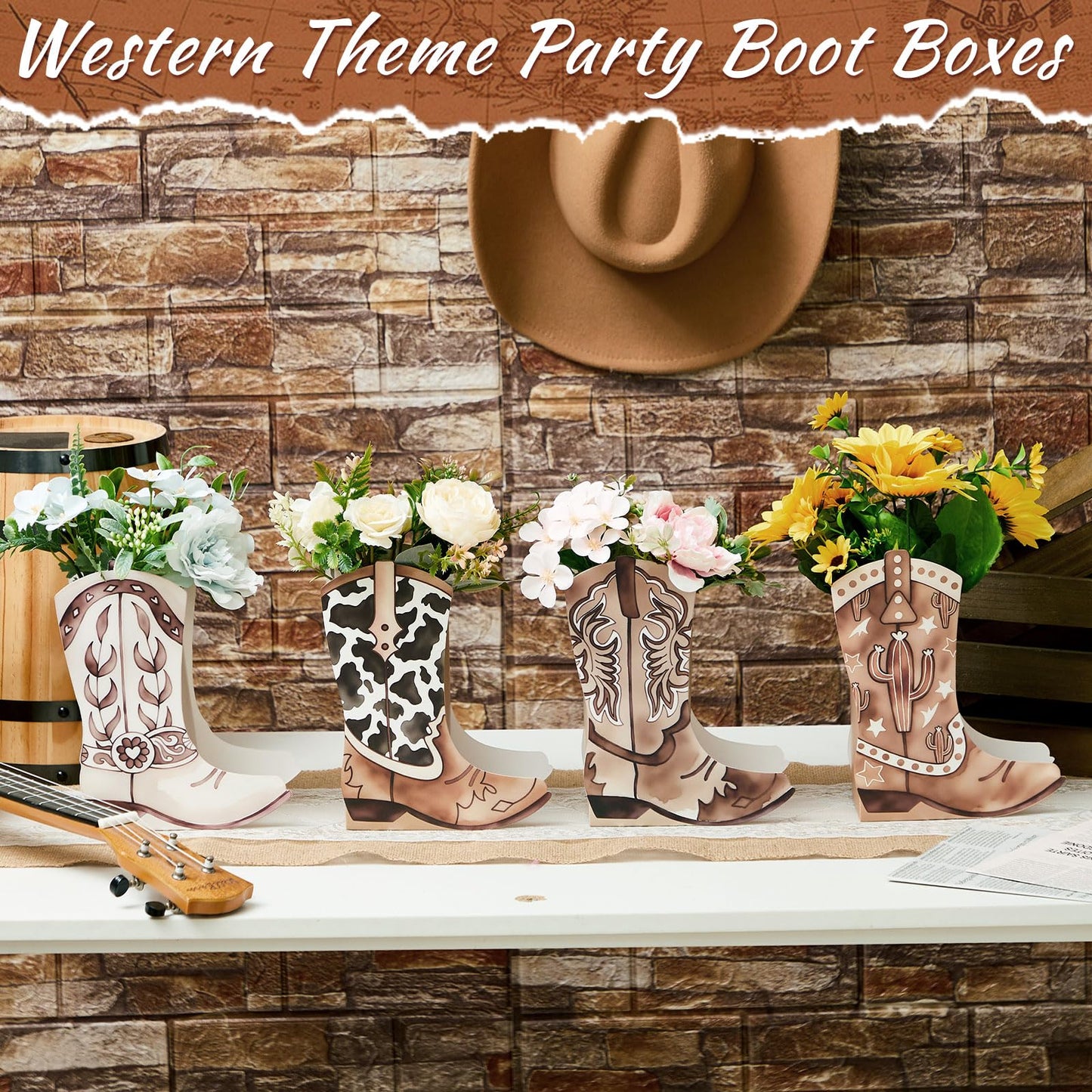 Memorywuu Boot Shape Gift Boxes - 12 Set Western Cowboy Cow Centerpieces for Party Decoration, Rodeo, Birthday, Baby Shower