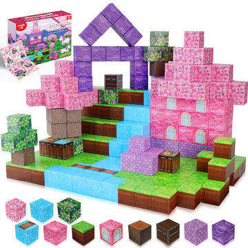 Graceduck 60Pcs Magnetic Blocks For Toddlers, Build Magnetic Pink Castle Set - Magnetic Construction Cube Toys, Montessori Sensory Toys For Toddlers 6 7 8 9 10 Year Old Girls Boys
