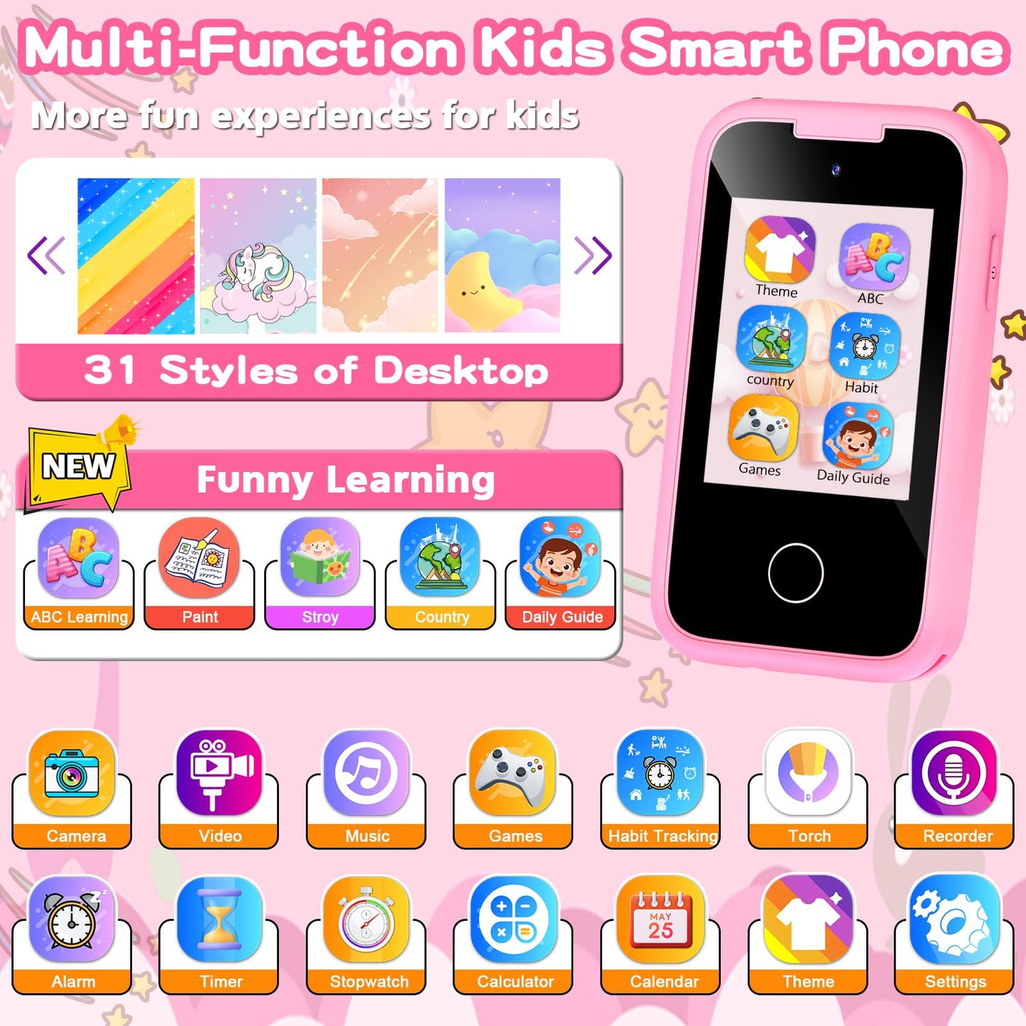 Kids Smart Phone Toys for Girls, Christmas Birthday Gifts for 3-10 Year Old Girl Boy Kids Toys, 2.8'' Touchscreen Toddler Learni