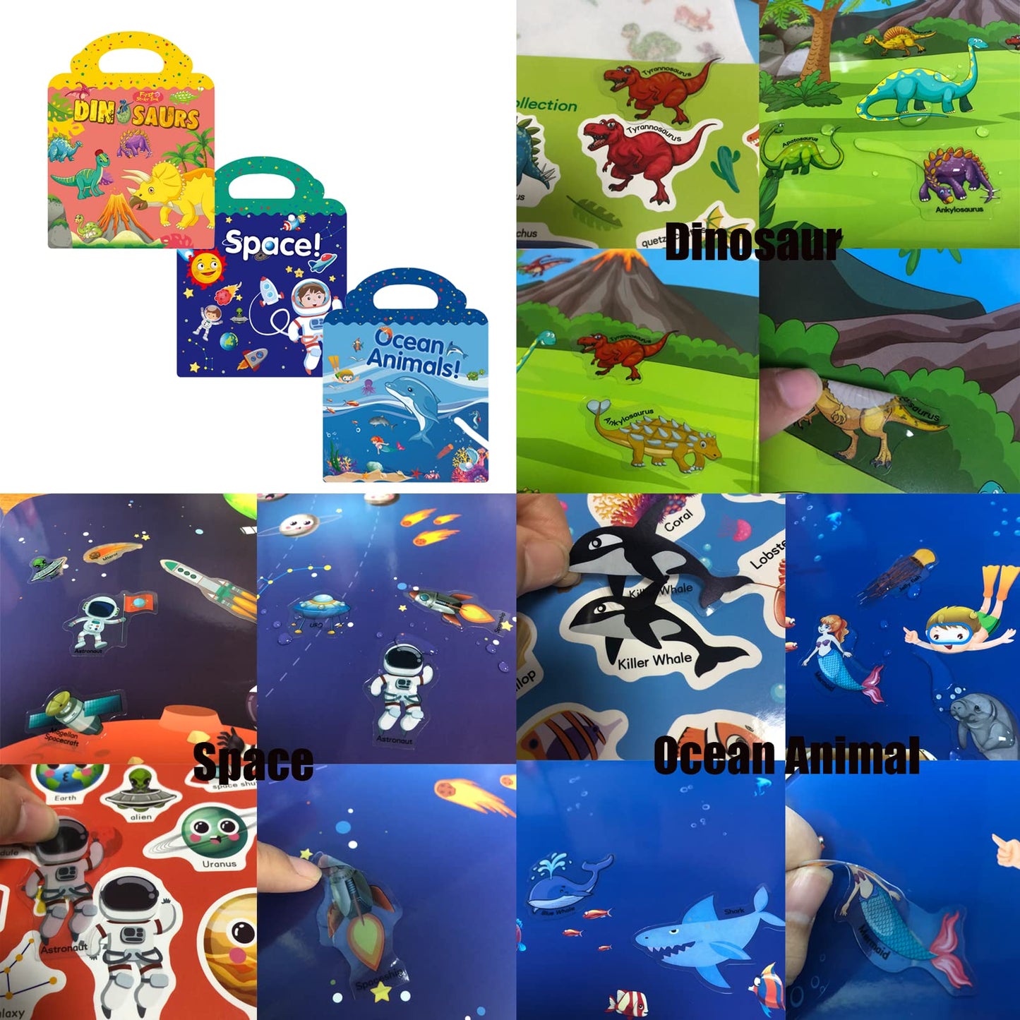 Reusable Sticker Books For Kids, Travel Sticker Learning Toys For Toddlers, Toddler Educational Learning Toys, Gifts For 3 4 5 Year Old Girls Boys, Dinosaur&Space&Ocean Animal