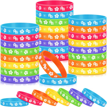 Landical 24 Pcs Hibiscus Birthday Decorations Silicone Bracelets Hawaiian Themed Bracelets Summer Tropical Gift for Tiki Luau Ba