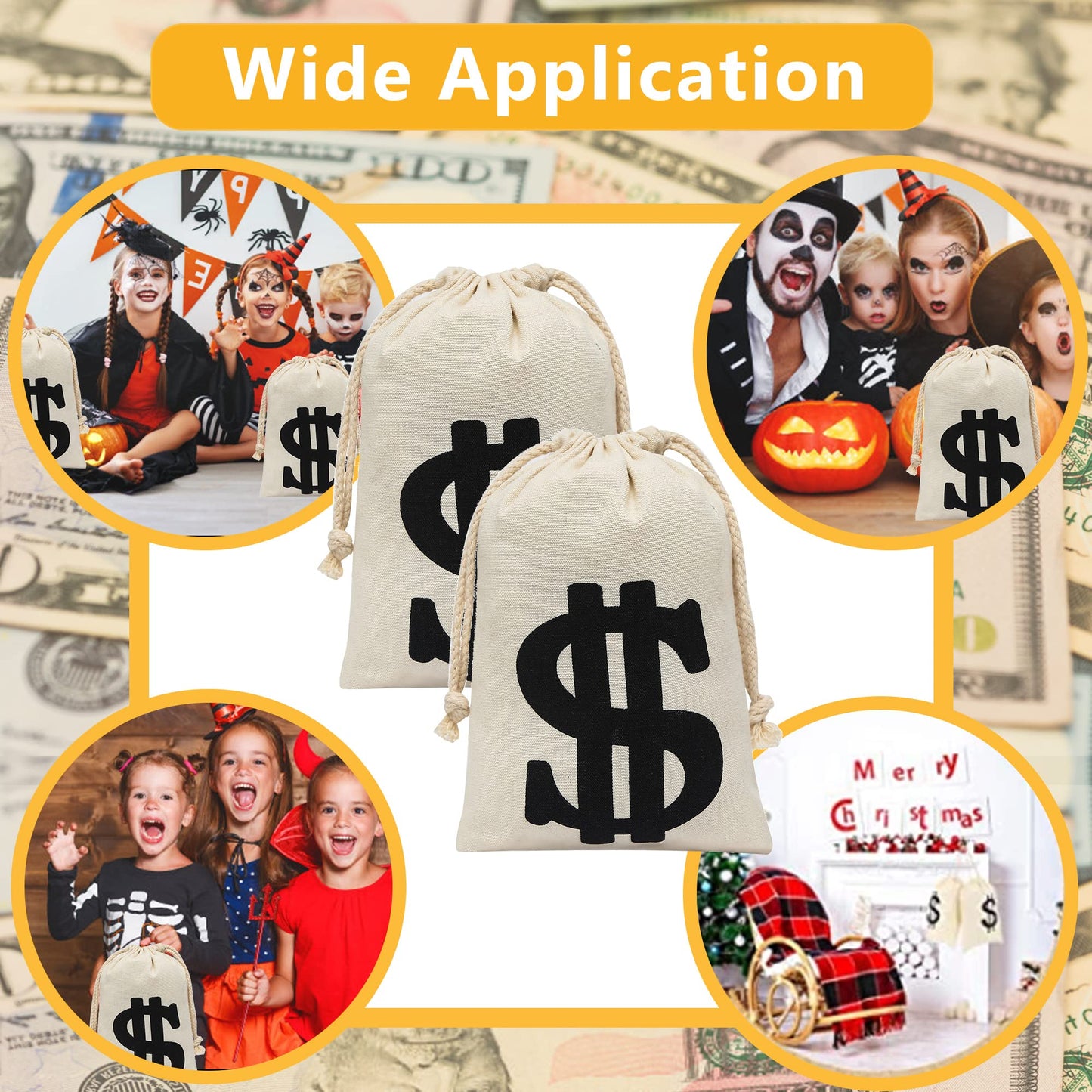 Eoocan 4 Pack Canvas Natural Money Bag Pouch With Drawstring Closure For Party Favor, 6.3 X 9 Inches Money Bags Dollar Sign For