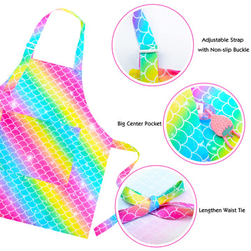 Pashop 2 Pack Kids Apron Rainbow Mermaid Aprons With Pockets For Children Girls Boys Toddler Apron For Painting Cooking Baking