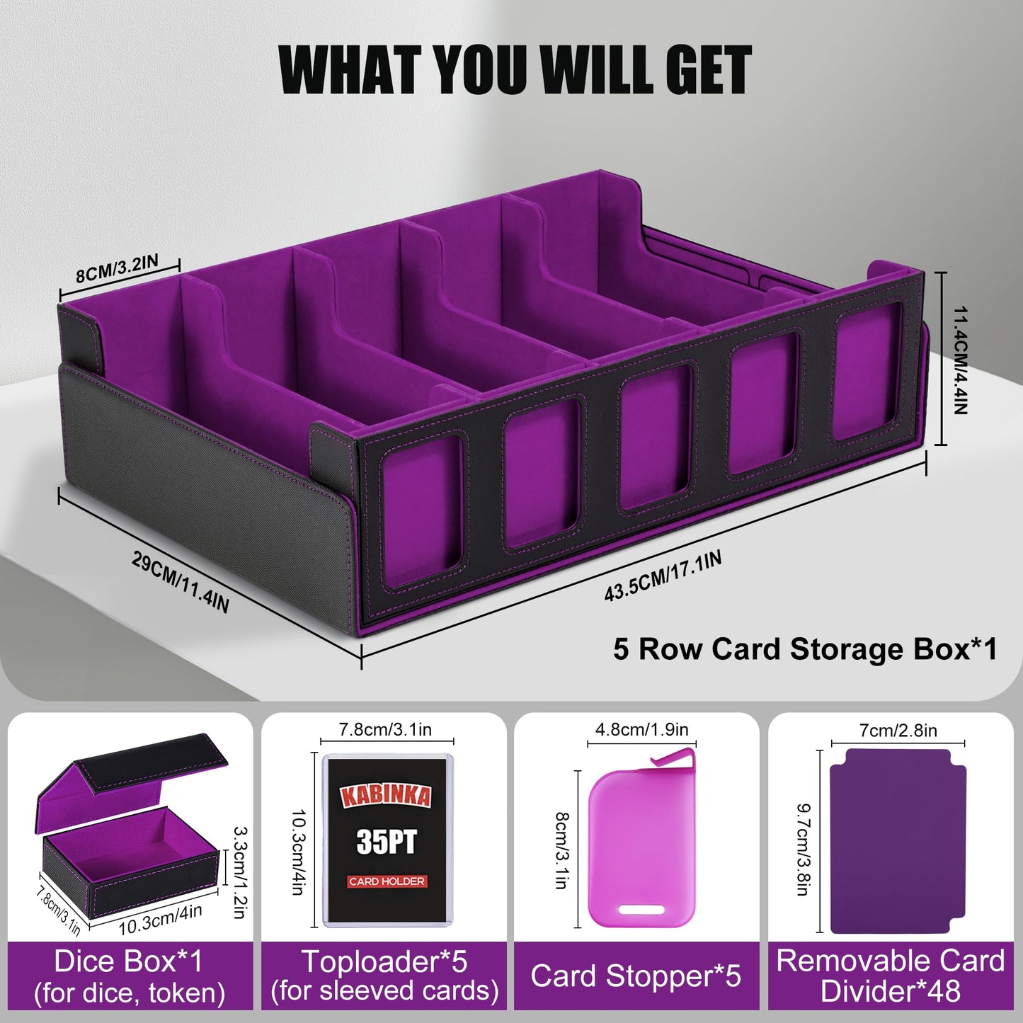 Trading Card Storage Box with Commander Display   5-Row Deck Case with Removable Lid; 3900+ Card Deck Box for MTG TCG Sports Card  5 Toploaders  5 Stoppers  48 Dividers 1 Dice Tray (Black Purple)