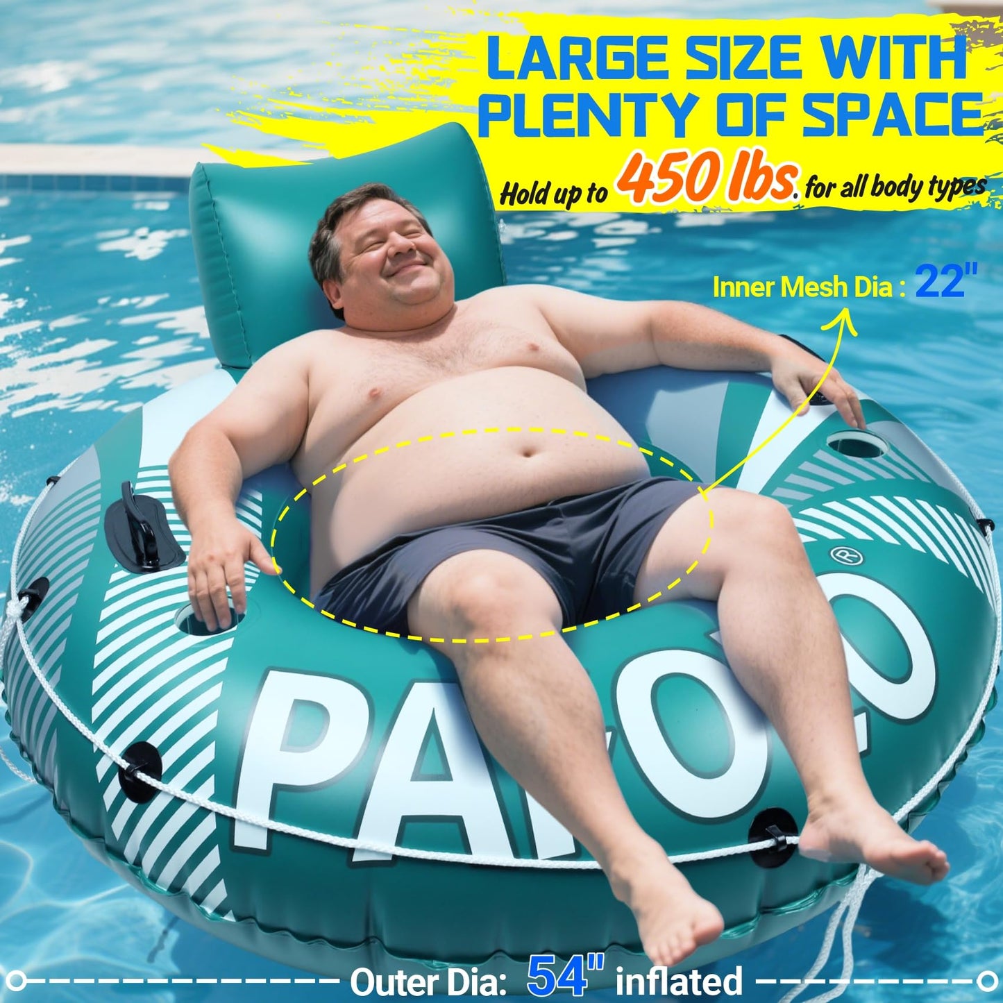 Pool Float mature-themed  53 Inflatable River Tube Float  River Tubes for Floating Heavy Duty with Mesh Bottom  Comfortable Backrest & 2 Cup Holders & Durable Grab Handles 450 lbs Weight Capacity