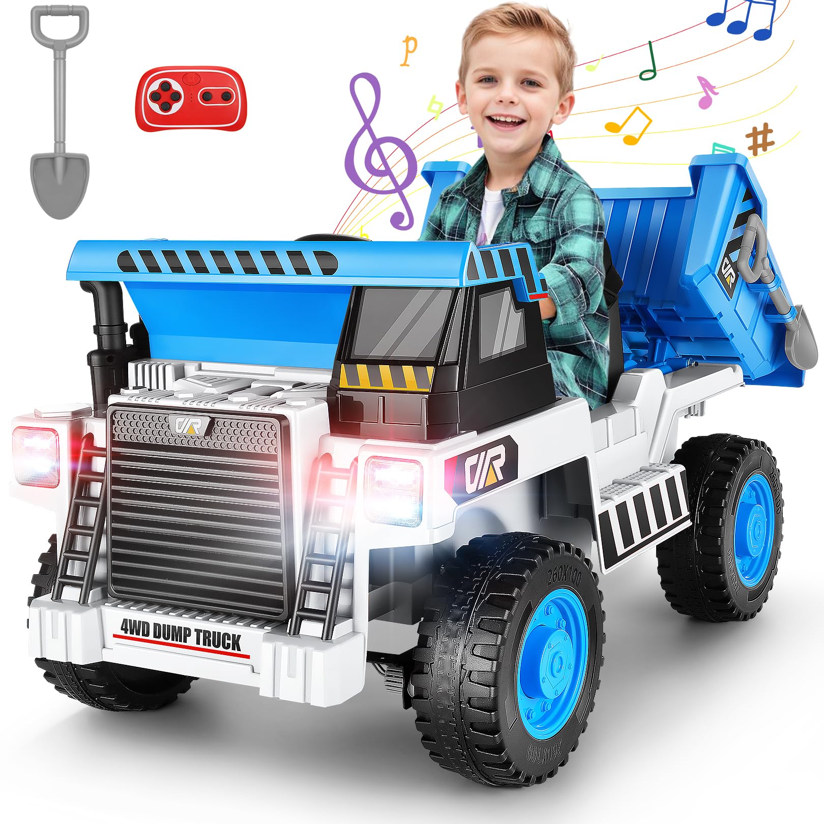 Hikole Kids Ride On Dump Truck With Remote Control, 4Wd Dump Truck With 12V 7Ah Battery, Electric Dump Bed,Shovel, Bluetooth, Music Player, Electric Cars For Girls, White & Blue