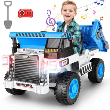 Hikole Kids Ride On Dump Truck With Remote Control, 4Wd Dump Truck With 12V 7Ah Battery, Electric Dump Bed,Shovel, Bluetooth, Music Player, Electric Cars For Girls, White & Blue