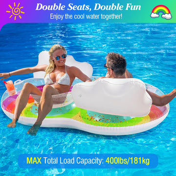 MoKo Pool Floats mature-themed  2 Seat Inflatable Chairs  Rainbow Pool Floaties with Clouds Backrests  Inflatable Pool Toys with Cup Holders and Handles Beach Party Water Park  Rainbow & White Clouds