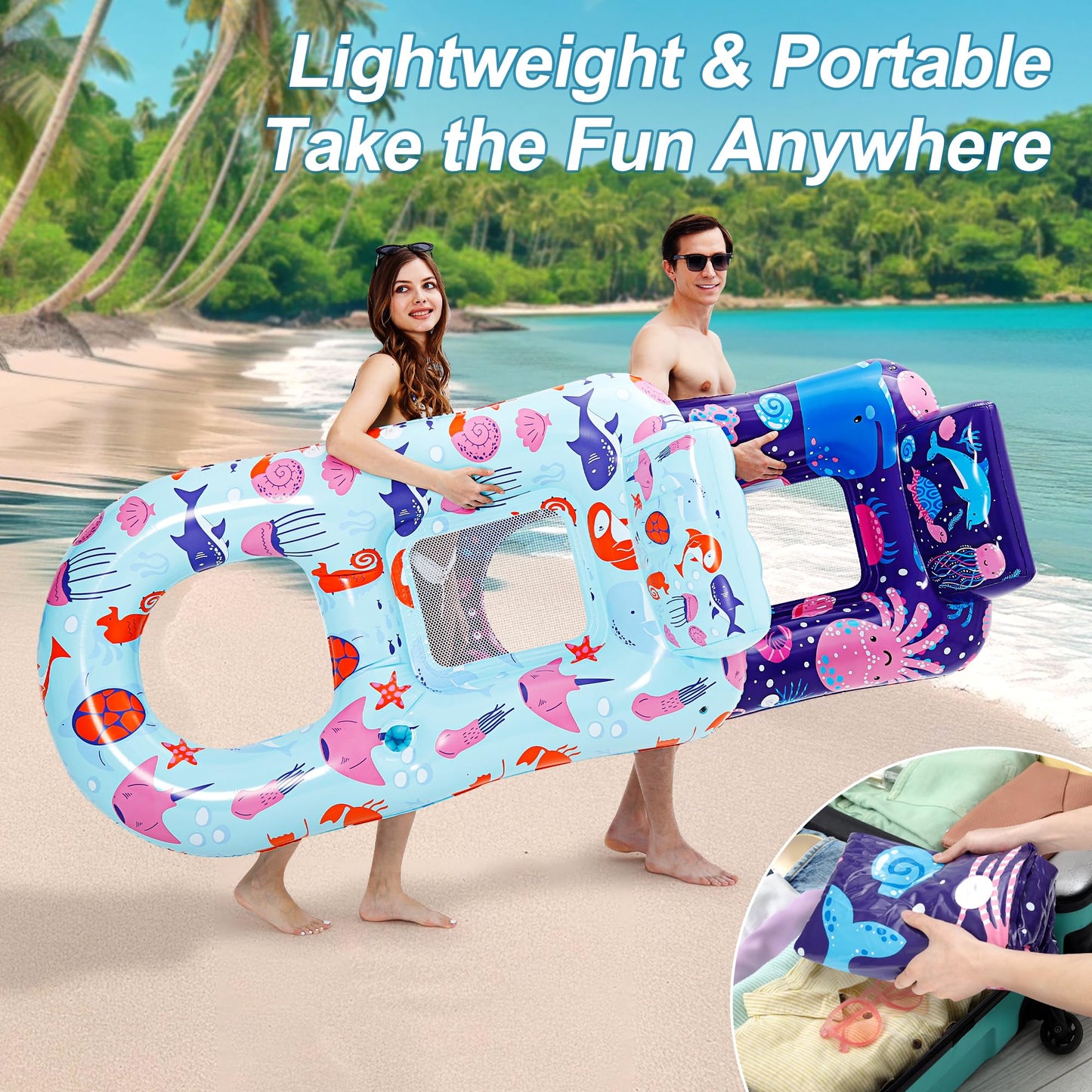PuppyuWill 4 Pack Pool Floats mature-themed Inflatable Pool Lounger Float Heavy Duty with Cup Holder  Backrest & Footrest Pool Lounge Float Extra Large Pool Rafts for mature-themeds Beach Lake Party