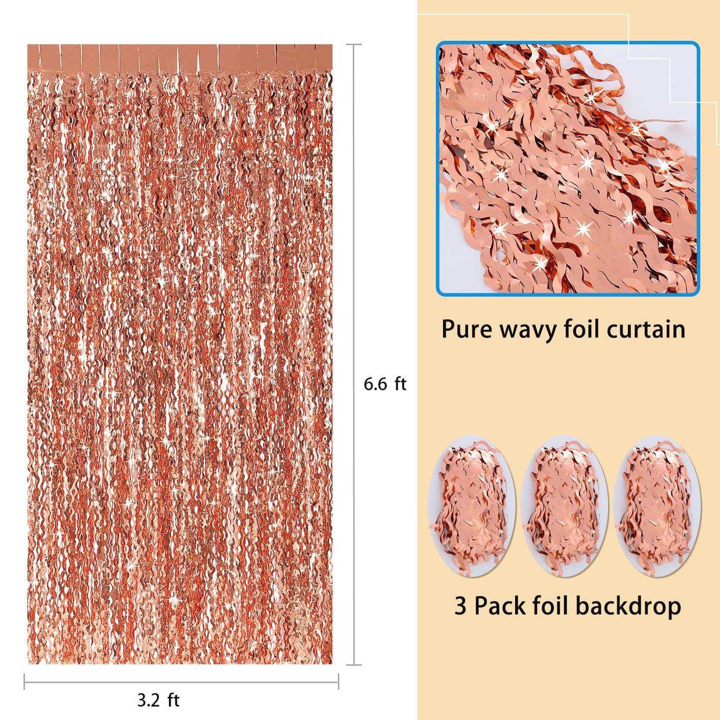 CYLMFC Wavy Rose Gold Fringe Curtain - 3.3 ft x 6.6 Feet, Pack of 3 | Rose Gold Party Decorations,Rose Gold Streamers,Rose Gold