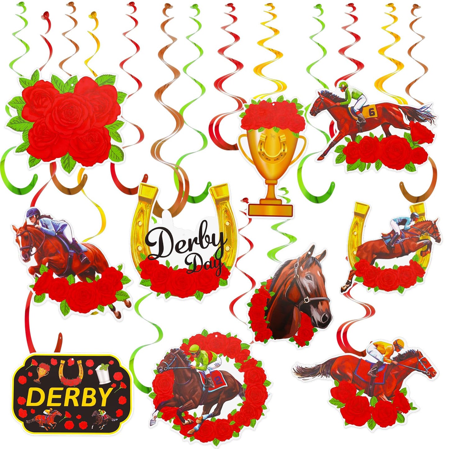 MARFOREVER 48 Pcs Derby Day Decorations Hanging Banner Swirls Derby Horse Decorations Horse Racing Ceiling Streamer Decor Racing