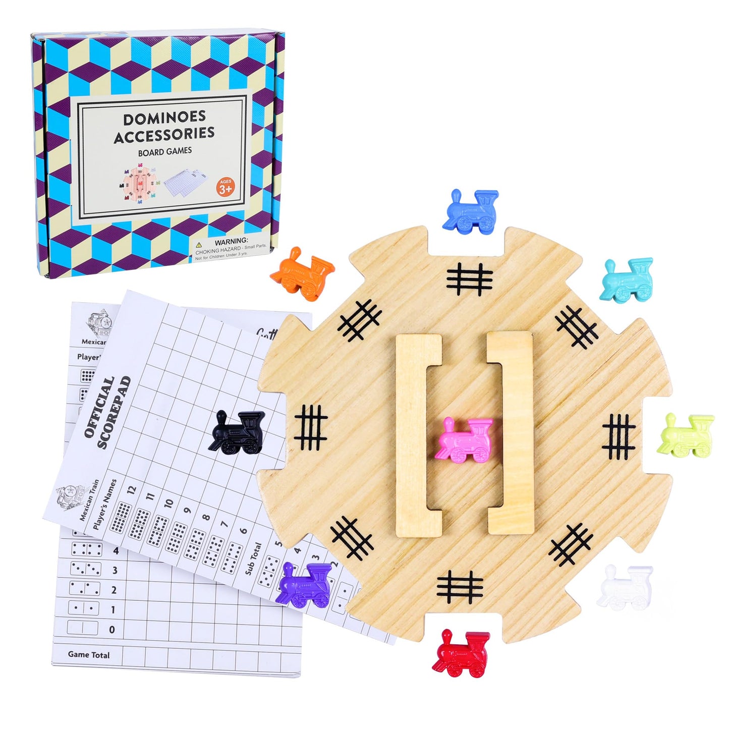 Offelec Mexican Train Dominoes Accessories Set - 1 Pine Wooden Mexican Train Hub With Felted Bottom, 9 Colorful Metal Mexican Tr