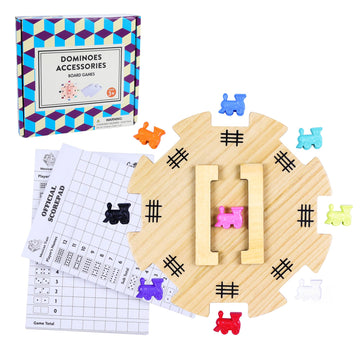 Offelec Mexican Train Dominoes Accessories Set - 1 Pine Wooden Mexican Train Hub With Felted Bottom, 9 Colorful Metal Mexican Tr