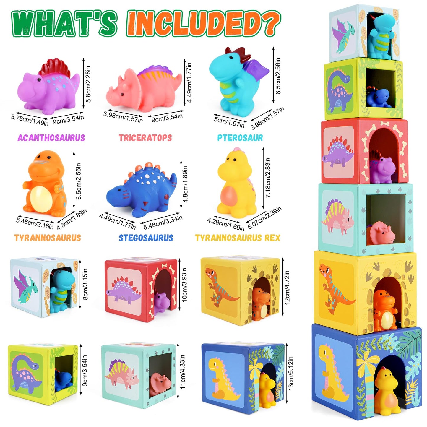 KMTJT Dinosaur Sorting and Stacking Toys for Toddlers, Montessori Learning Blocks, Multicolor, Ideal for 1-3 Year Olds