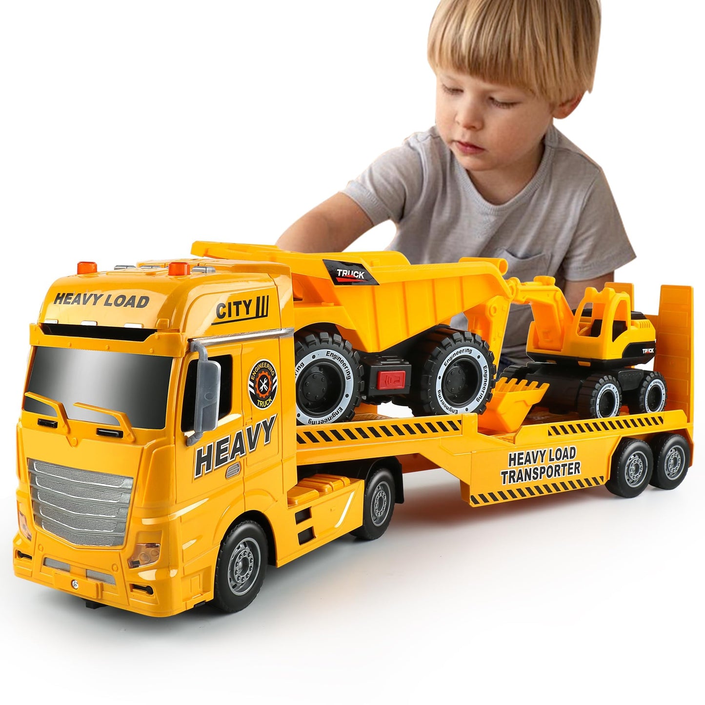 Dwi Dowellin Construction Carrier Truck Toy, 25.6" Excavator & Dump Truck, Yellow, Model 666-68F, for Kids Ages 3-6+