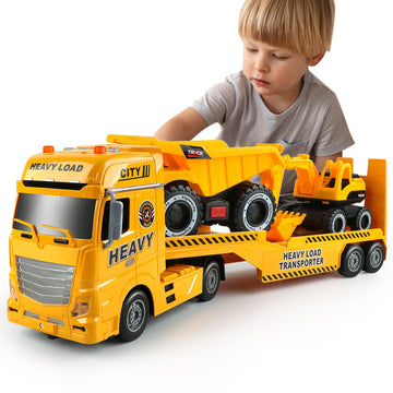 Dwi Dowellin Construction Carrier Truck Toy, 25.6" Excavator & Dump Truck, Yellow, Model 666-68F, for Kids Ages 3-6+