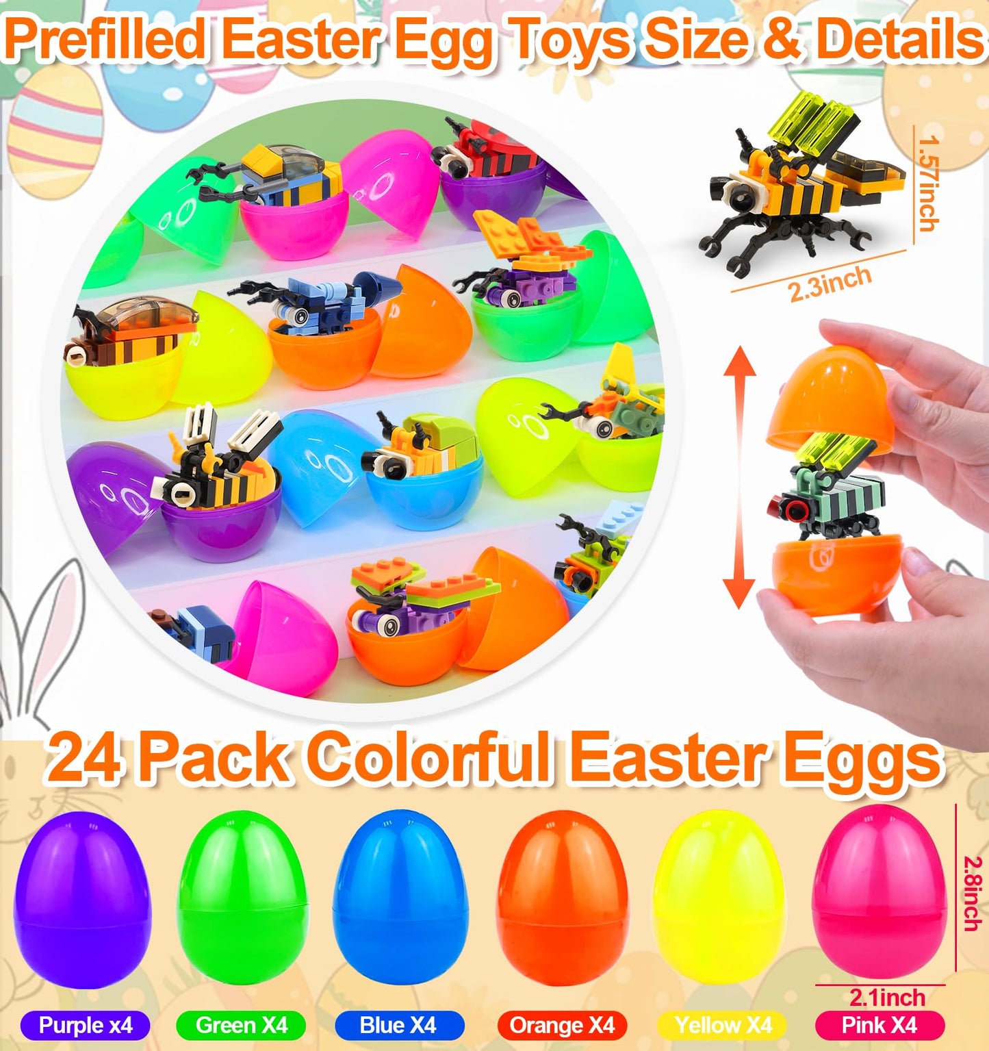 iGeeKid 24 Pack Prefilled Easter Eggs with Stem Building Toys for Boys Easter Basket Essential 12 in 1 Insect Themed Building Bl