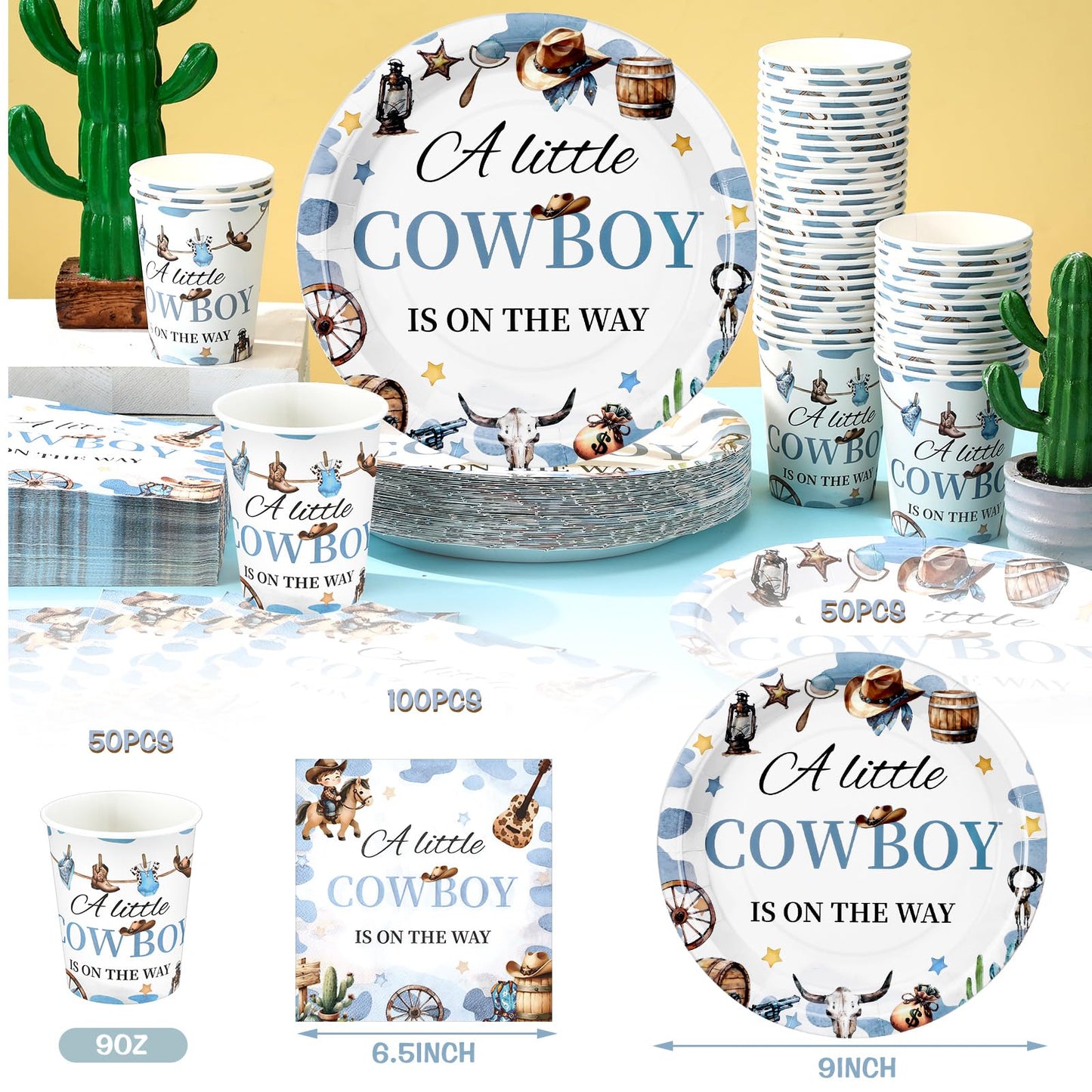 Hushee 200 Pcs a Little Cowboy Is on the Way Baby Shower Paper Plates Napkins Cups Cowboy Baby Shower Party Supplies Tableware S