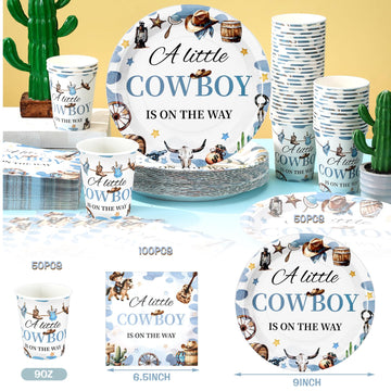 Hushee 200 Pcs a Little Cowboy Is on the Way Baby Shower Paper Plates Napkins Cups Cowboy Baby Shower Party Supplies Tableware S