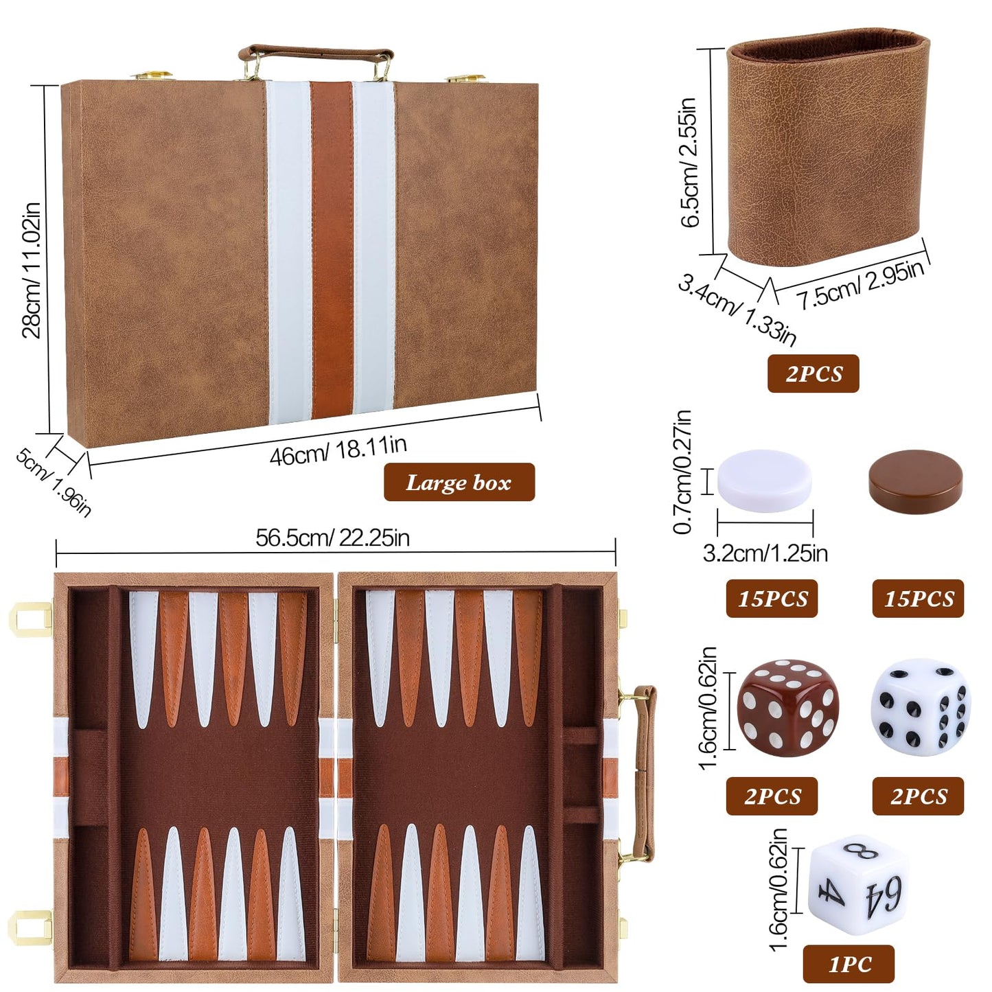 Reriver Backgammon Set 2 Players Classic Backgammon Sets For Adults Board Game With Pu Leather Case Portable And Travel Backgammon Set (Retro Brown, 18Inch)