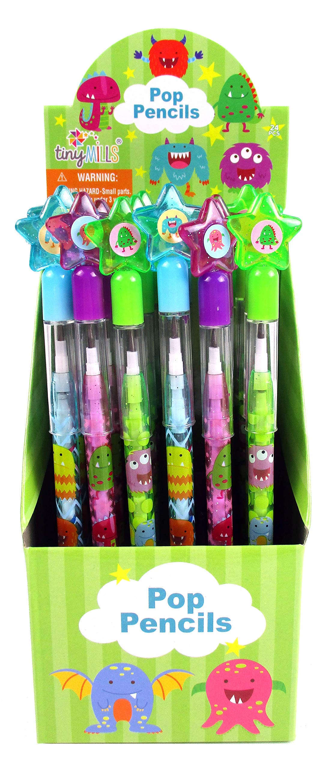 TINYMILLS 24 Pcs Monsters Multi Point Pencils Stackable Pencil with Eraser for Halloween Monster Party Favor Prize Carnival Good