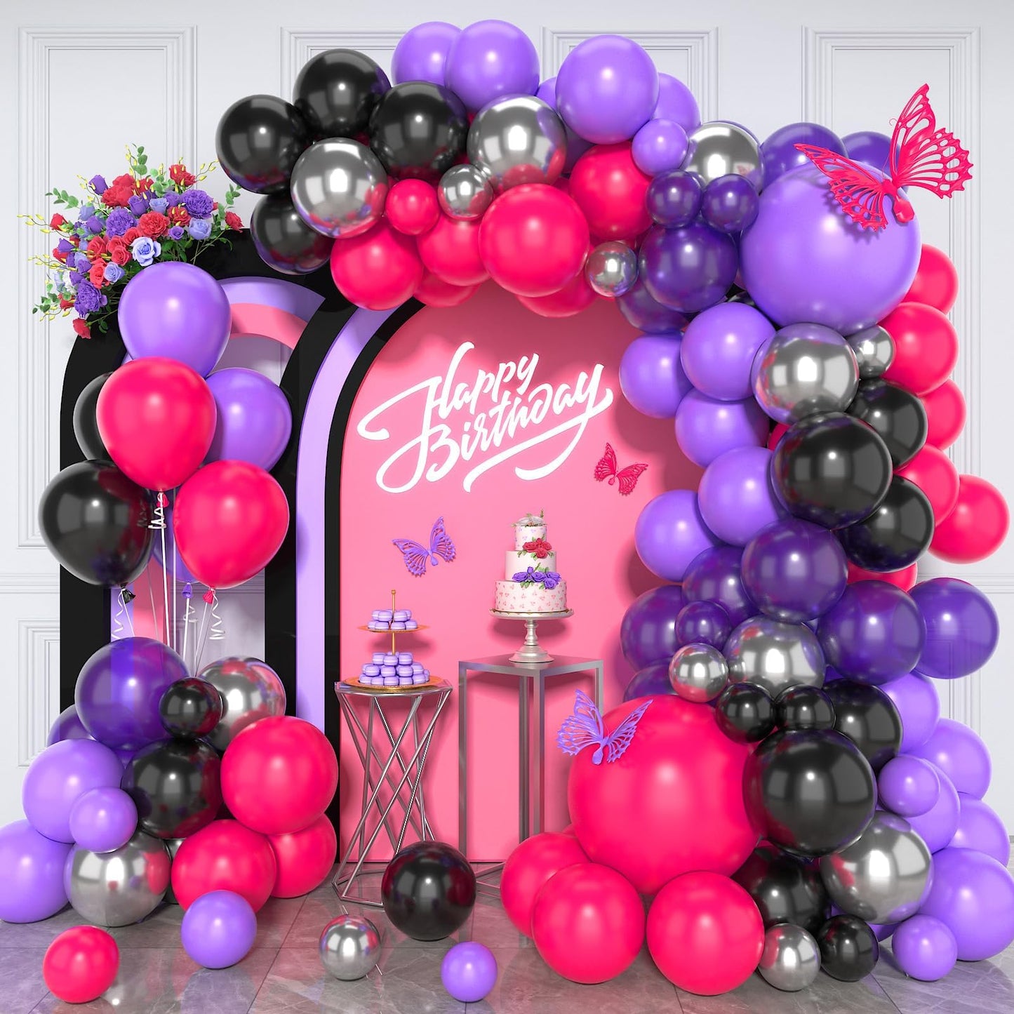 Paready Balloon Arch Kit - 125 Pcs Hot Pink & Purple Garland - Rubber Party Balloons for Kids Birthday, Baby Shower, Wedding