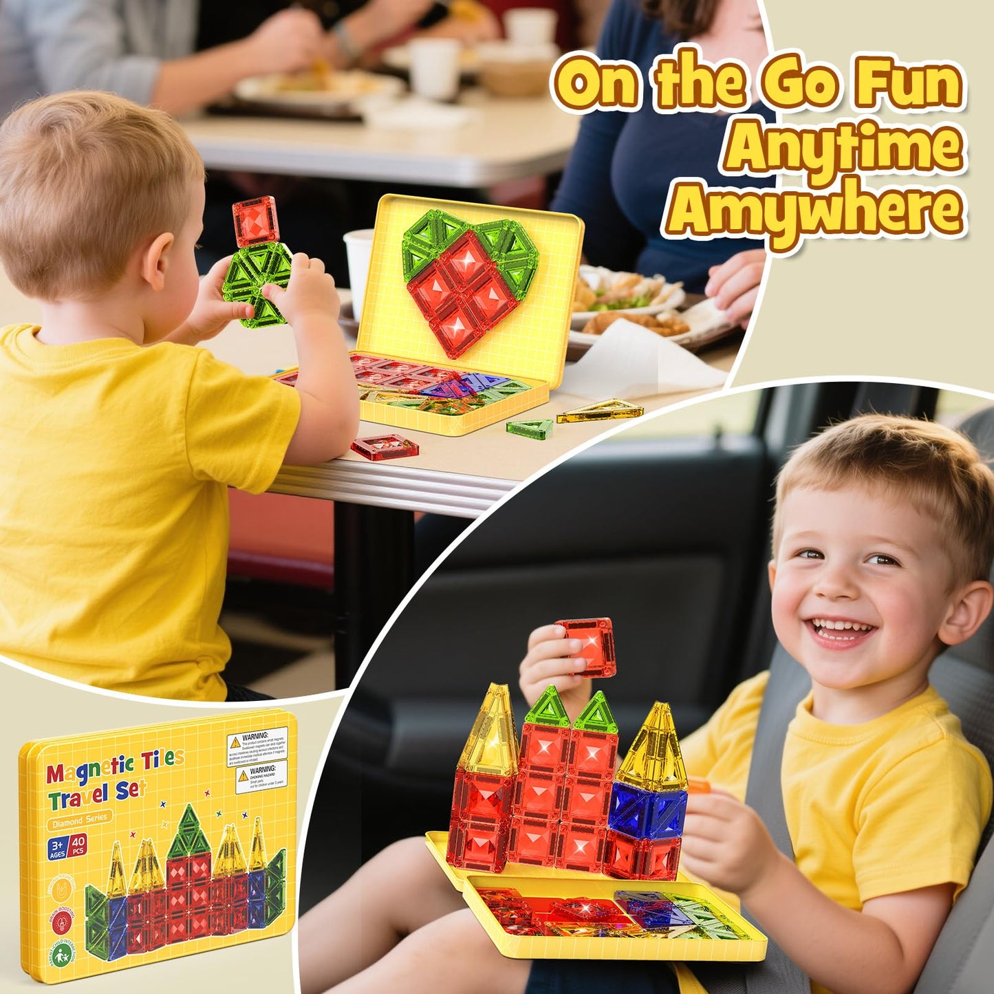 Mini Magnetic Tiles Travel Set - 40PCS Diamond Texture Magnetic Building Blocks for Kids  10% Thicker & Portable Yellow Metal Storage Box  Montessori STEM Educational Toys Gift for Ages 3+
