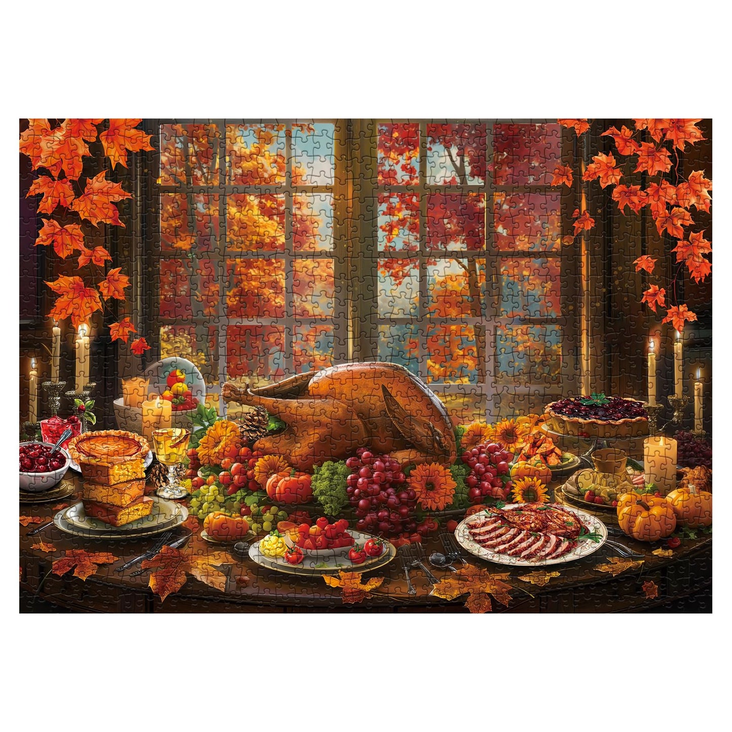 Thanksgiving Fall Puzzle For Adults 1000 Pieces, Holiday Food Turkey Jigsaw Puzzle Autumn, Flower Pumpkin Fruit Puzzle
