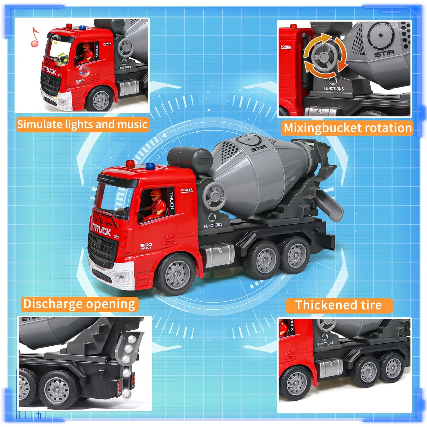 MQDMINI Remote Control Cement Mixer Truck and Dump Truck Toy Set - Construction Vehicle Toy with Lights and Sounds for Imaginati