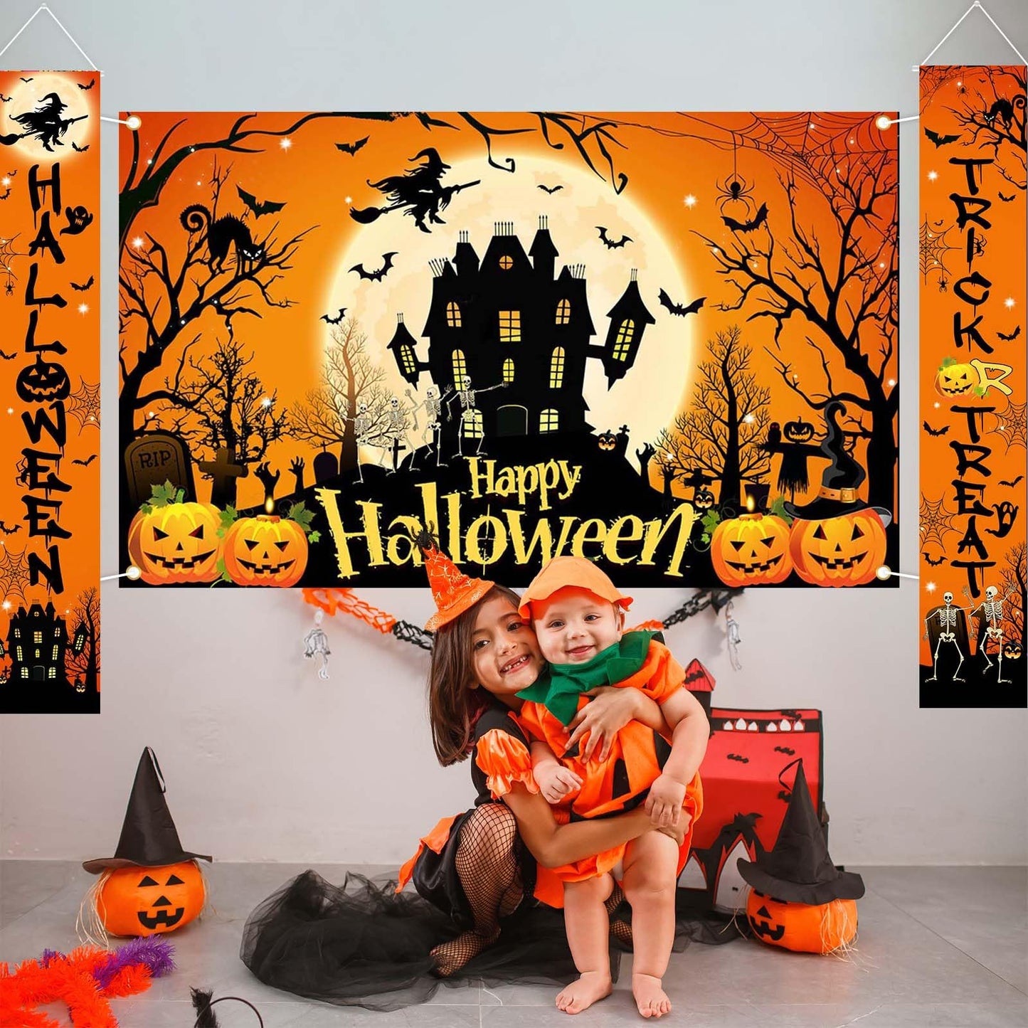 Avezano Halloween Decorations 3Pcs Happy Halloween Banner Trick or Treat Porch Signs Halloween Door Banner Halloween Party Decor