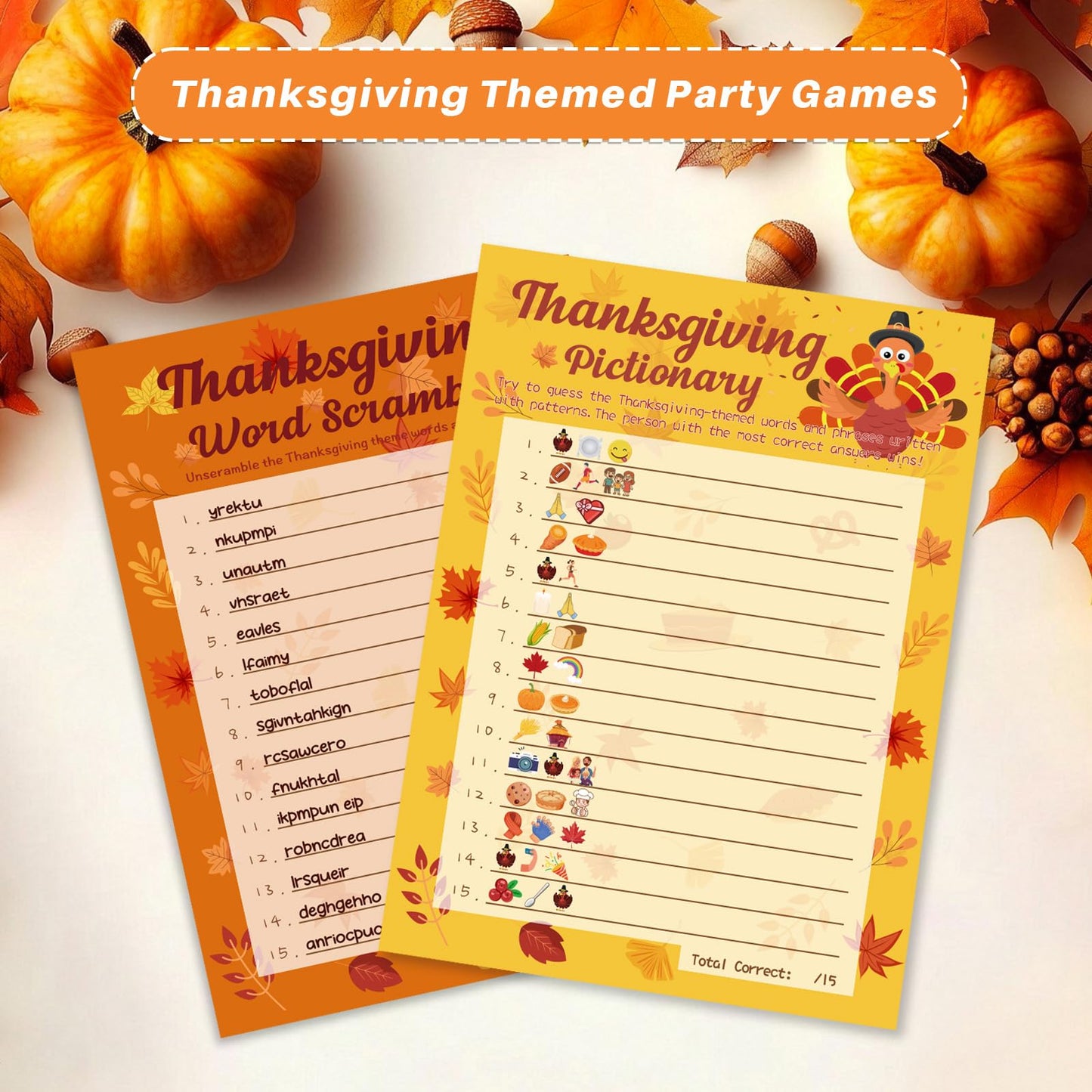 YQUQWN 32PCS Thanksgiving Party Games Set, Thanksgiving Trivia Game Word Scramble Pattern Guessing Game for Family Party Activit