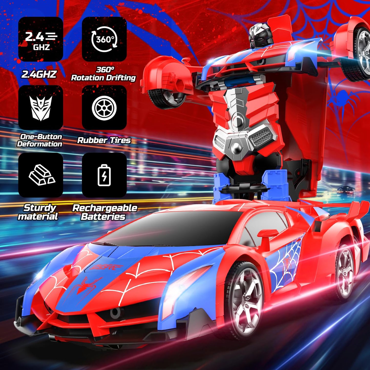 Deerc Spider Rc Car Transform Robot, 2.4Ghz Remote Control Spider Cars For Kids, 1:18 Scale Robot Toy Car W/One-Key Transformati