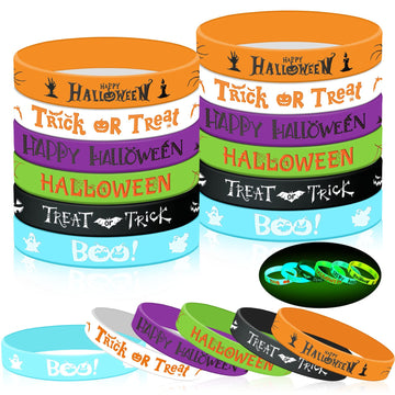 24 Pcs Halloween Luminous Silicone Wristbands, Glow in The Dark Classic Halloween Patterns Rubber Bracelets for Halloween Trick 